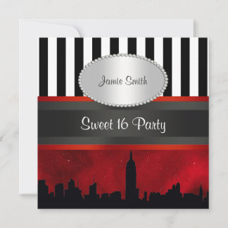 NYC Skyline Sil Red Sky Blk Wht Stripe P Sweet 16 Einladung