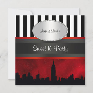NYC Skyline Sil Red Sky Blk Wht Stripe P Sweet 16 Einladung