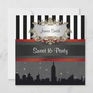 NYC Skyline Silhouette Blk Wht Stripe Sweet 16 Einladung