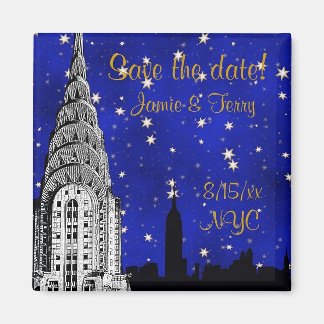 NYC Skyline Silhouette Blue Star Rett Date Magnet (Vorne)