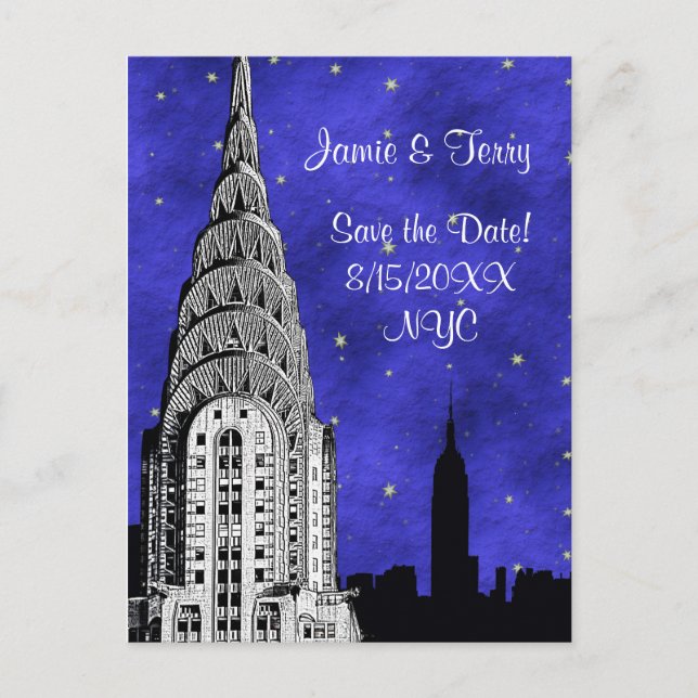 NYC Skyline Silhouette Blue Starry Save the Date 2 Ankündigungspostkarte (Vorderseite)