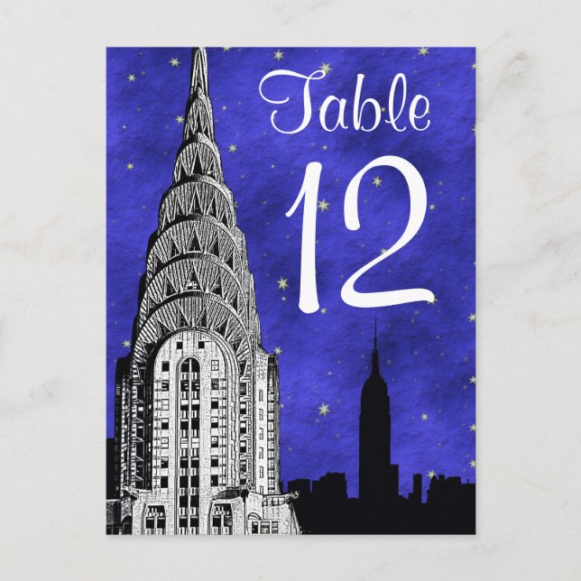NYC Skyline Silhouette Blue Starry Tischnummer (Vorderseite)