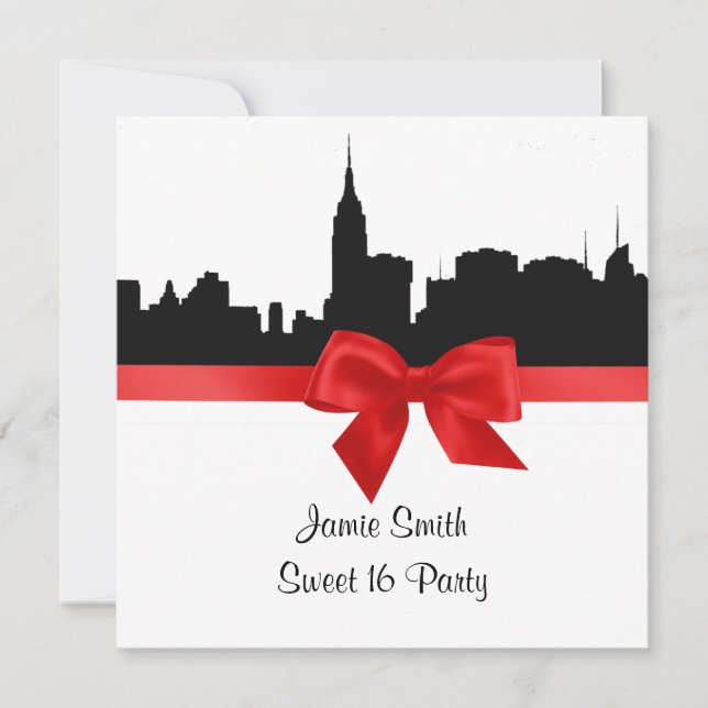 NYC Skyline Silhouette BW Red Sweet 16 SQ Einladung (Vorderseite)