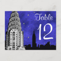NYC-Skyline-Silhouette Chry Blu Strry-Tischnummer