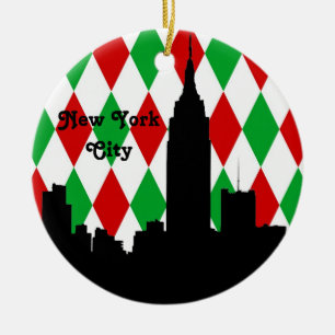 NYC-Skyline-Silhouette ESB Rot Grn Harlekin Weihna Keramikornament
