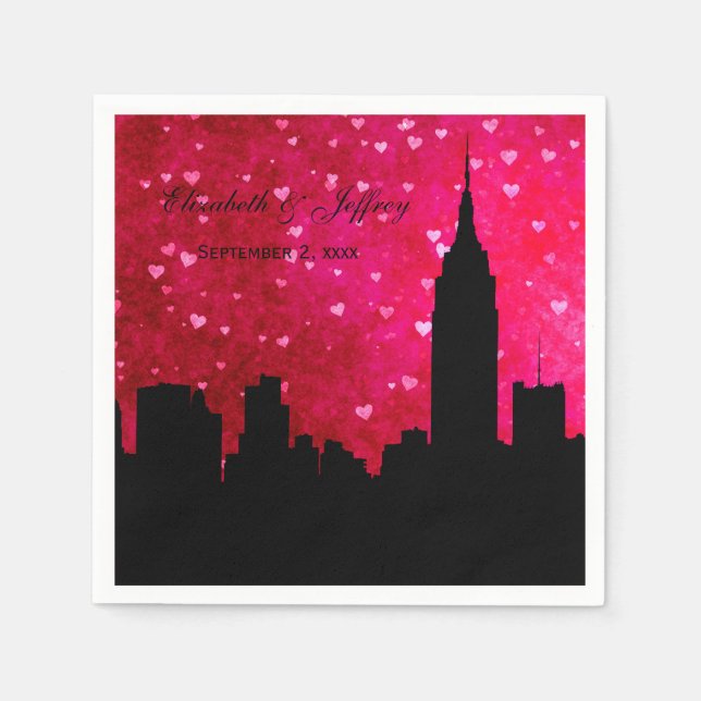 NYC Skyline Silhouette Hot Pink Red Heart Serviette (Vorderseite)