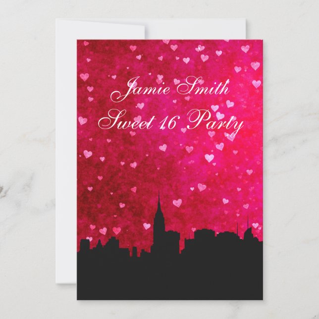 NYC Skyline Silhouette Hot Pink Red Hrt Sweet 16 V Einladung (Vorderseite)
