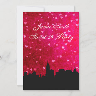 NYC-Skyline-Silhouette Hot Pink Rot Herz Sweet 16 Einladung