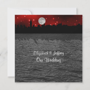 NYC-Skyline-Silhouette Mond Rot Hochzeit SQ Einladung