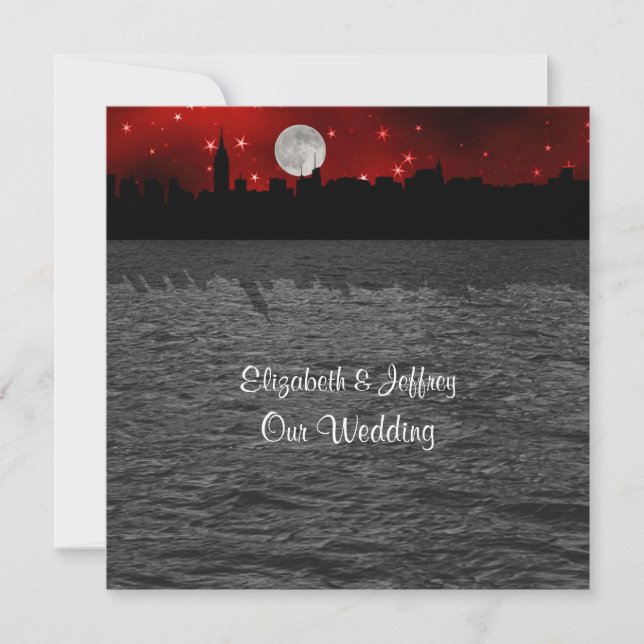 NYC Skyline Silhouette Moon Red Wedding SQL Einladung (Vorderseite)