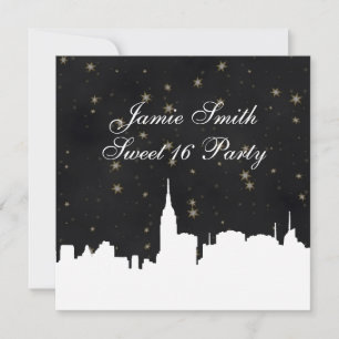 NYC Skyline Wht Silhouette Blk Gold Stern Süße 16 Einladung