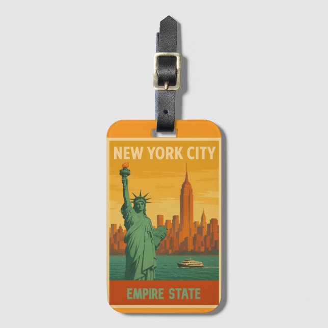 NYC Statue of Liberty & Empire State Retro Gepäckanhänger (Vorderseite Vertikal)