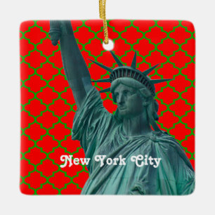 NYC Statue of Liberty Red Grn Quatrefoil Xmas Keramikornament