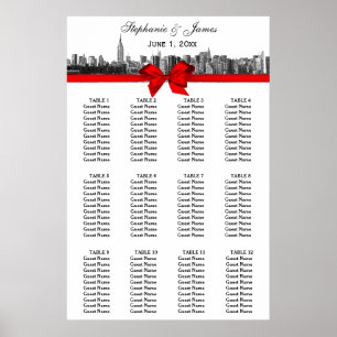 NYC Weite Skyline Geätzt BW Rote Schleife Poster