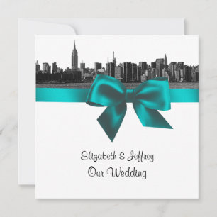 NYC Weite Skyline Geätzt BW Teal Hochzeit SQ Einladung