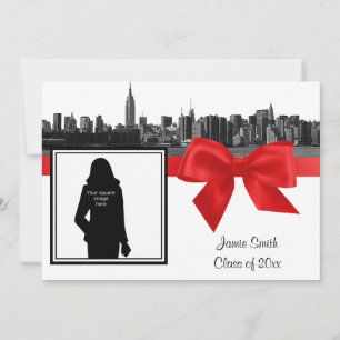 NYC Weite Skyline Geätzte BW Rote Foto-Abschlussfe Einladung
