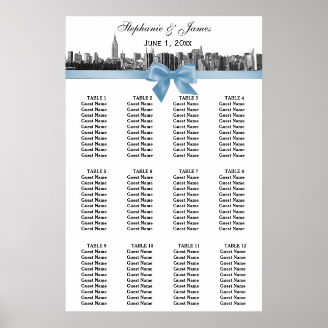 NYC Wide Skyline Etch BW Lt Blue Bow Seekarte Poster (Vorne)