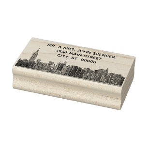 NYC Wide Skyline Etched BW Address Rubber Briefmar Gummistempel