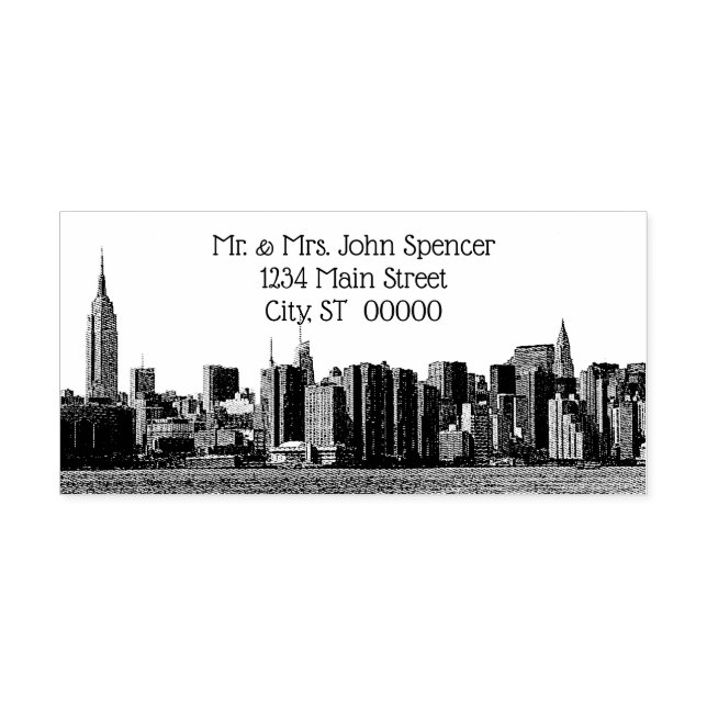 NYC Wide Skyline Etched BW Address Rubber Briefmar Permastempel (Design)