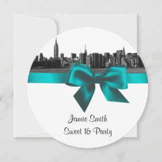 NYC Wide Skyline Etched BW Aquamarin 16 . Geburtst Einladung