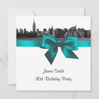 NYC Wide Skyline Etched BW Aquamarin Birthday Part Einladung