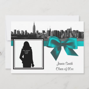 NYC Wide Skyline Etched BW Aquamarin Foto Abschlus Einladung