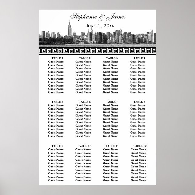 NYC Wide Skyline Etched BW Black Greece Key S Poster (Vorne)