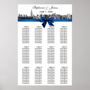 NYC Wide Skyline Etched BW Blue Bow Seekarte Poster