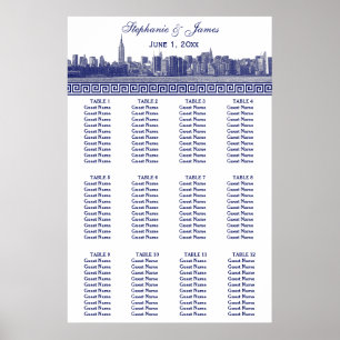 NYC Wide Skyline Etched BW Blue Greece Key S Poster