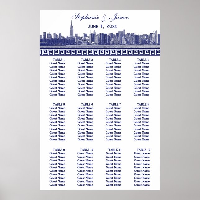 NYC Wide Skyline Etched BW Blue Greece Key S Poster (Vorne)