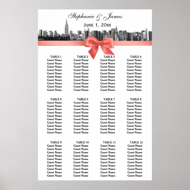 NYC Wide Skyline Etched BW Coral Bow Poster (Vorne)