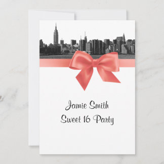 NYC Wide Skyline Etched BW Coral Sweet 16 Einladung