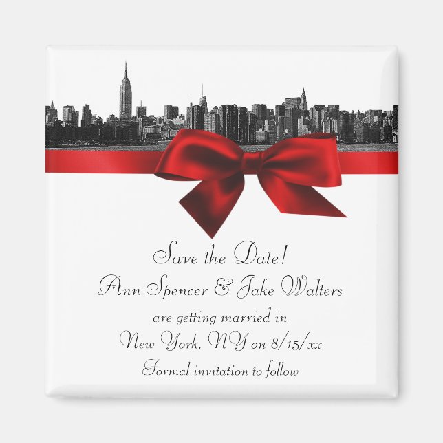 NYC Wide Skyline Etched BW Dark Red Save the Date Magnet (Vorne)
