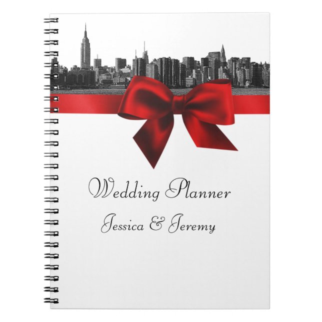 NYC Wide Skyline Etched BW Dk Red Plane Notebook Notizblock (Vorderseite)