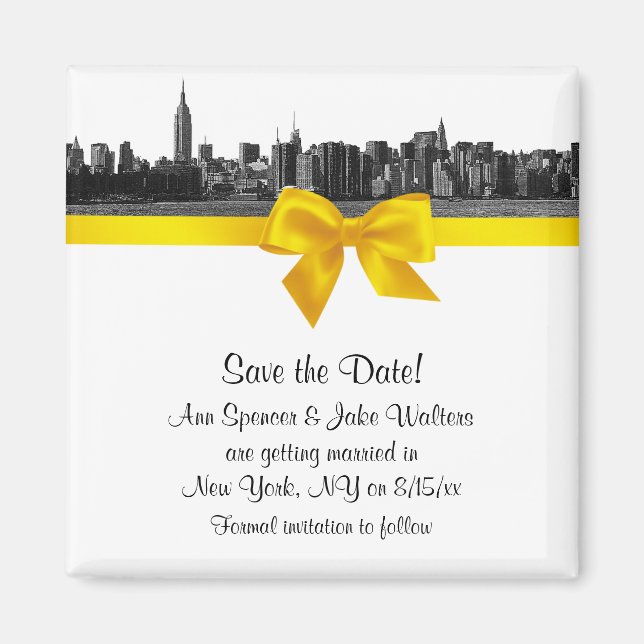 NYC Wide Skyline Etched BW Gelb Save the Date Magnet (Vorne)