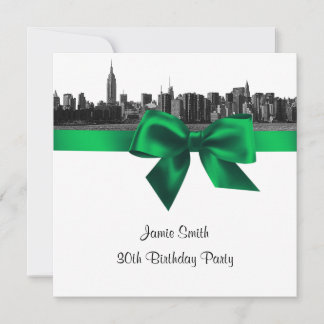 NYC Wide Skyline Etched BW Green Birthday Pty SQ Einladung