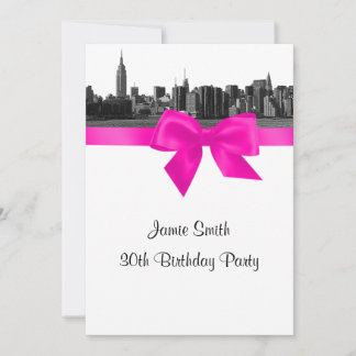 NYC Wide Skyline Etched BW Hot Pink Birthday Party Einladung
