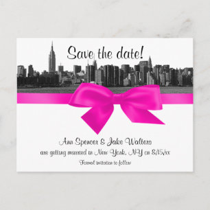NYC Wide Skyline Etched BW Hot Pink Save the Date Ankündigungspostkarte