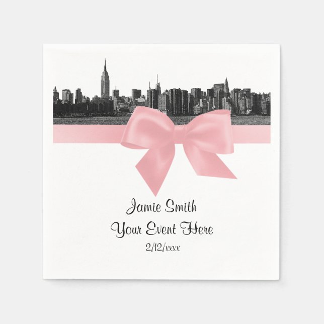 NYC Wide Skyline Etched BW Light Pink Ribbon Serviette (Vorderseite)