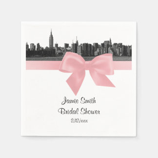 NYC Wide Skyline Etched BW Light Pink Ribbon Serviette