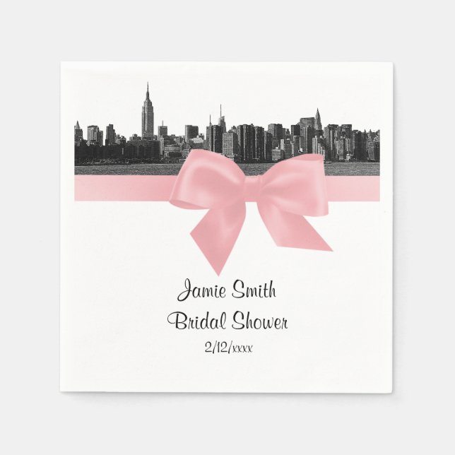 NYC Wide Skyline Etched BW Light Pink Ribbon Serviette (Vorderseite)