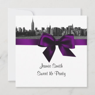 NYC Wide Skyline Etched BW Lila 16 . Geburtstag SQ Einladung