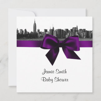 NYC Wide Skyline Etched BW Lila Baby Dusche Q Einladung
