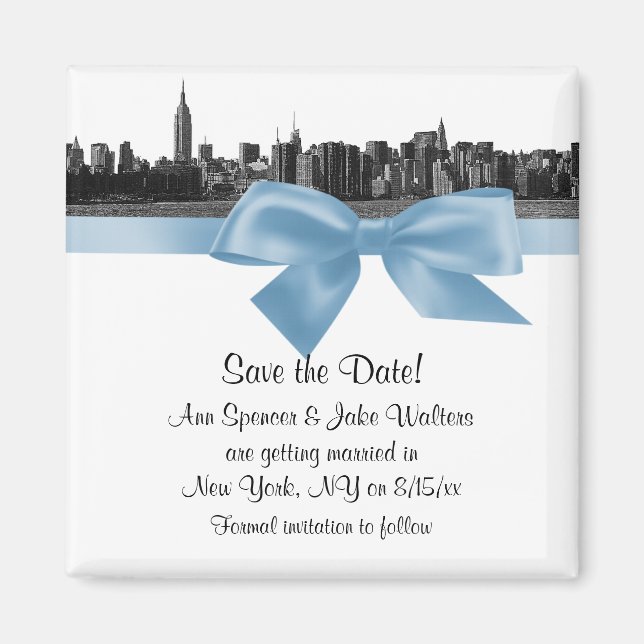 NYC Wide Skyline Etched BW Lt Blue Save the Date Magnet (Vorne)