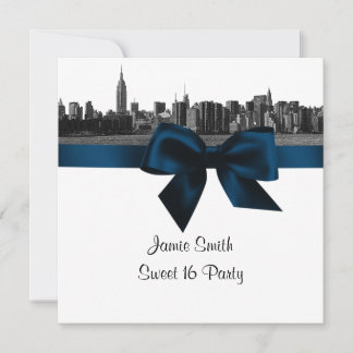 NYC Wide Skyline Etched BW Navy B 16 . Geburtstag Einladung