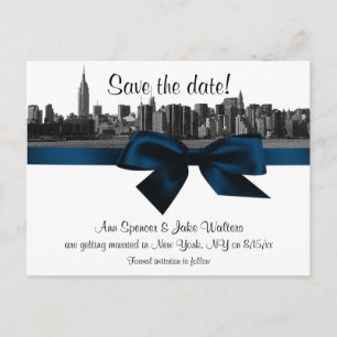 NYC Wide Skyline Etched BW Navy Blue Save the Date Ankündigungspostkarte
