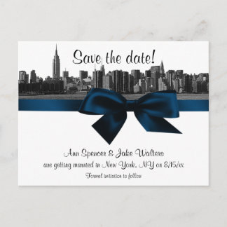 NYC Wide Skyline Etched BW Navy Blue Save the Date Ankündigungspostkarte