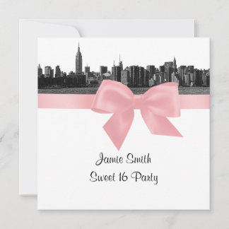 NYC Wide Skyline Etched BW Pink 16 . Geburtstag SQ Einladung