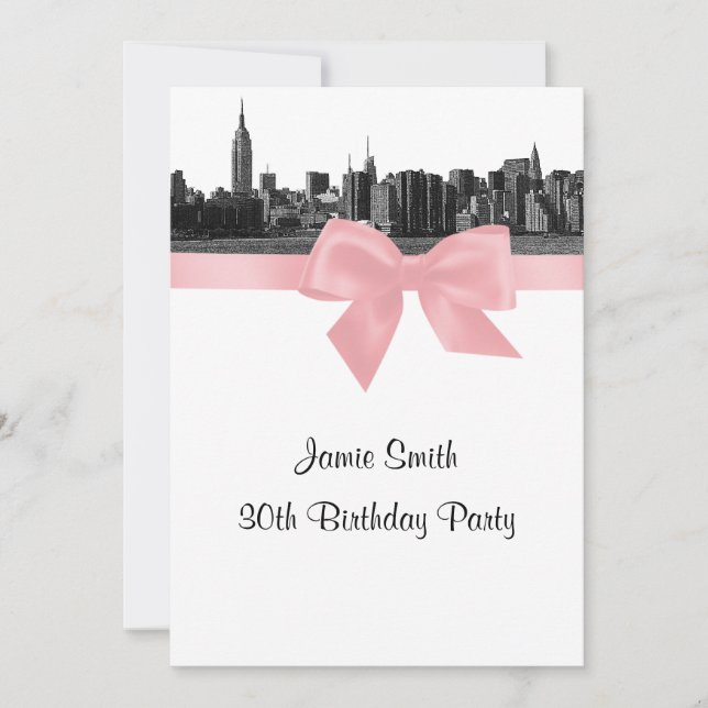 NYC Wide Skyline Etched BW Pink Birthday Party Einladung (Vorderseite)