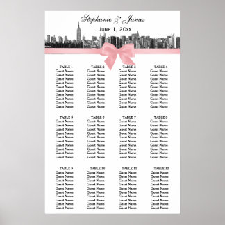 NYC Wide Skyline Etched BW Pink Bow Seekarte Poster